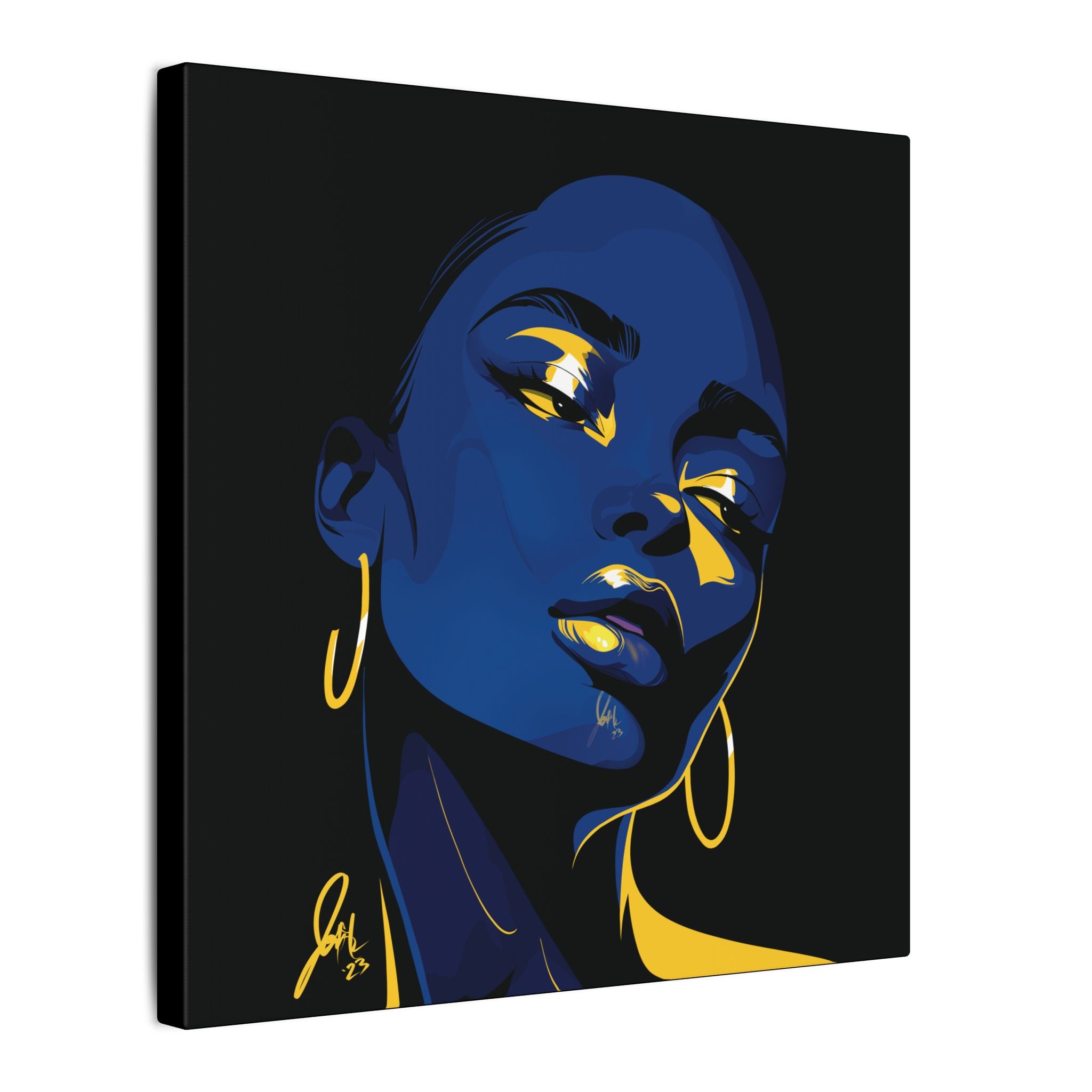 Blue Noir Portrait Canvas – Bold Afrocentric Wall Art, Matte Stretched Canvas