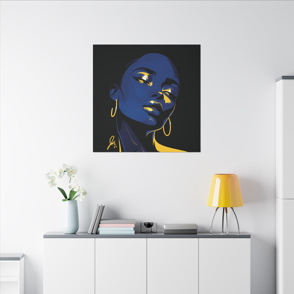 Blue Noir Portrait Canvas – Bold Afrocentric Wall Art, Matte Stretched Canvas