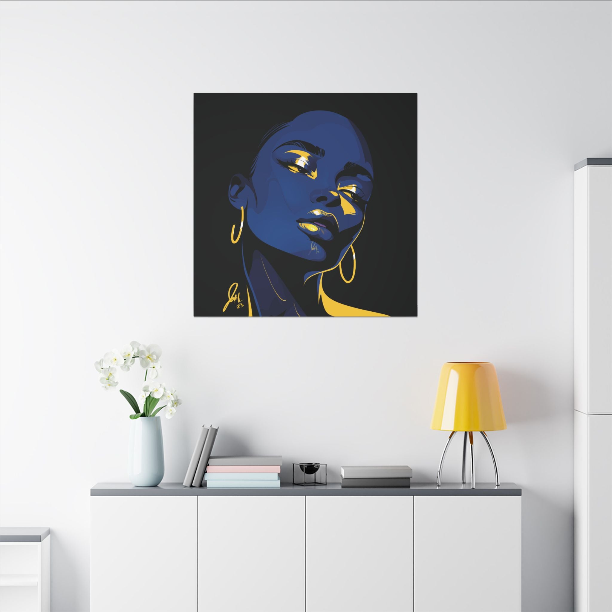 Blue Noir Portrait Canvas – Bold Afrocentric Wall Art, Matte Stretched Canvas