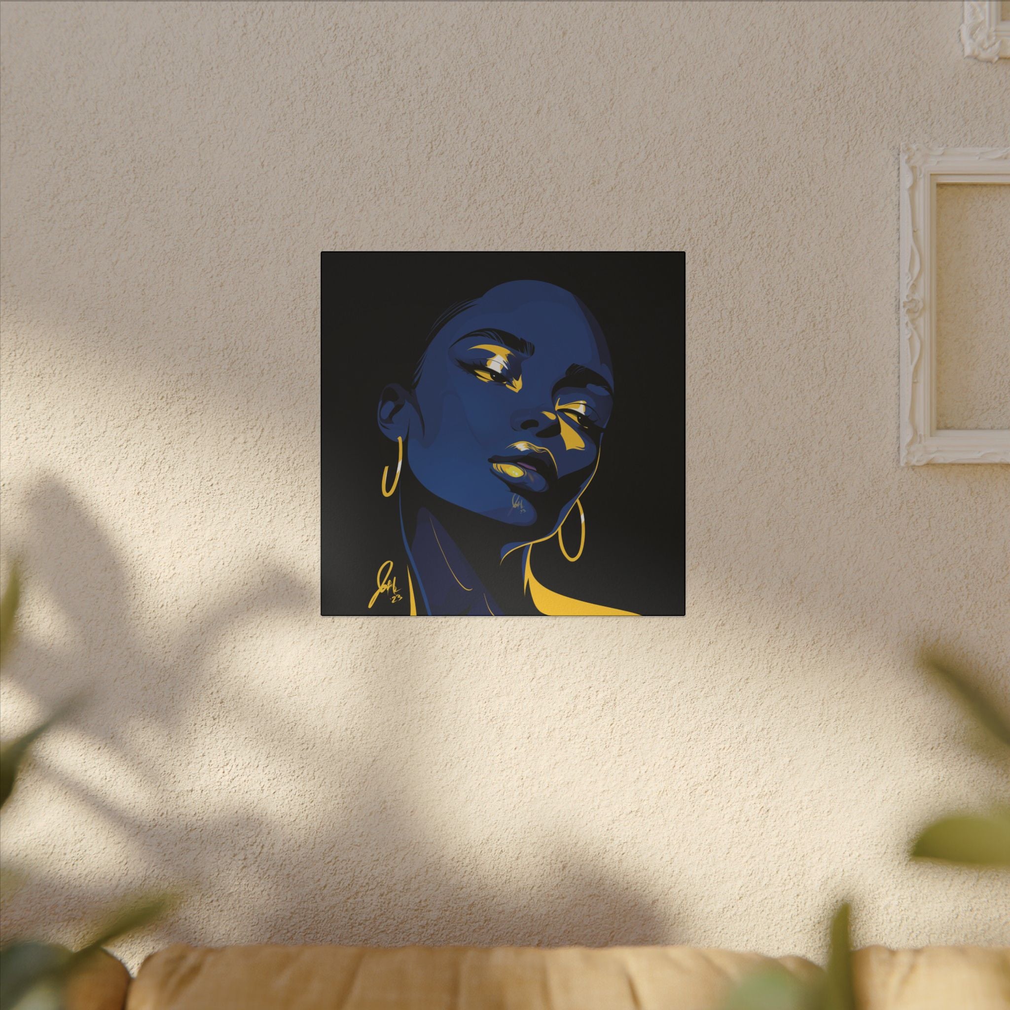 Blue Noir Portrait Canvas – Bold Afrocentric Wall Art, Matte Stretched Canvas