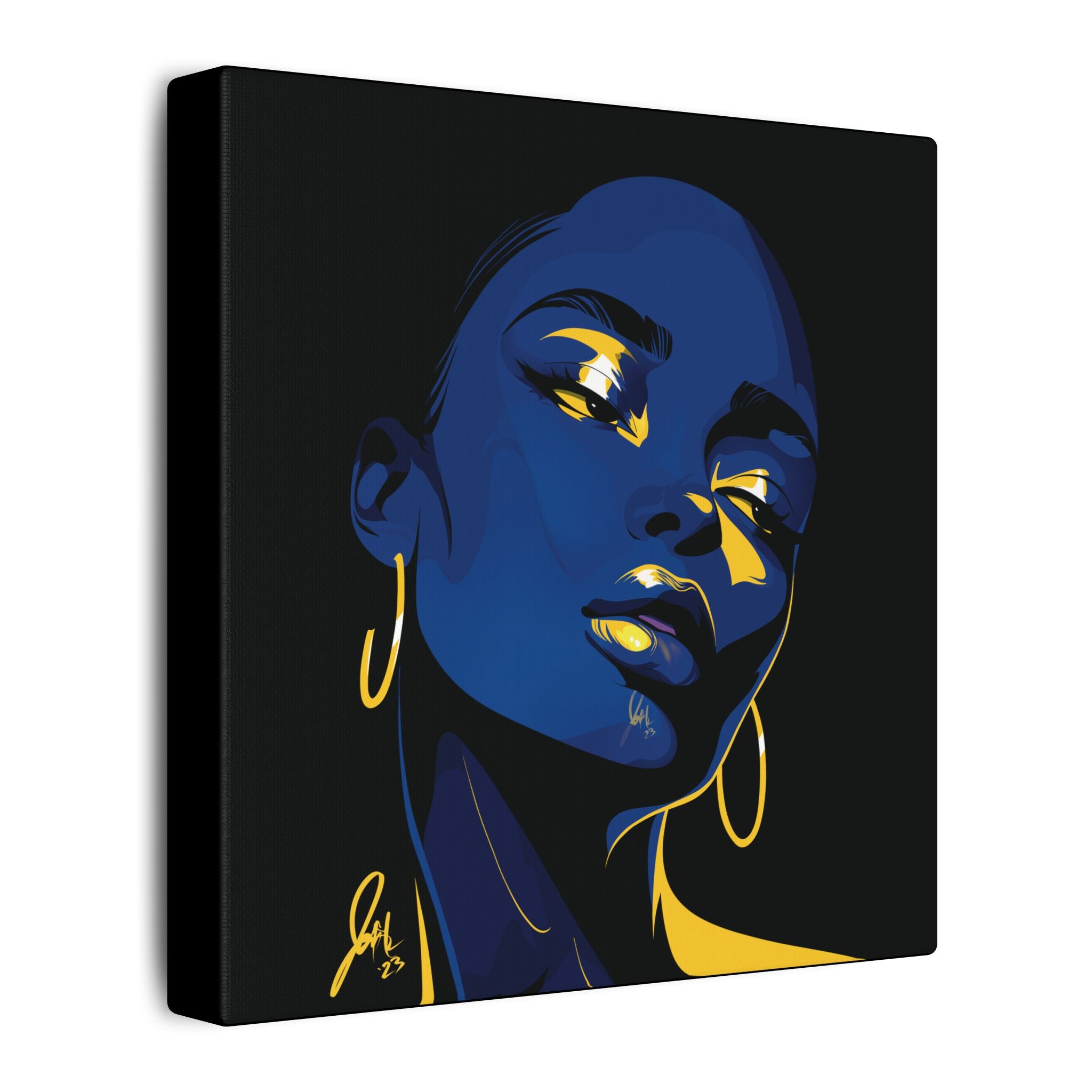 Blue Noir Portrait Canvas – Bold Afrocentric Wall Art, Matte Stretched Canvas