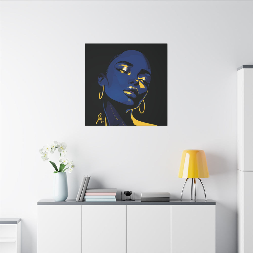 Blue Noir Portrait Canvas – Bold Afrocentric Wall Art, Matte Stretched Canvas