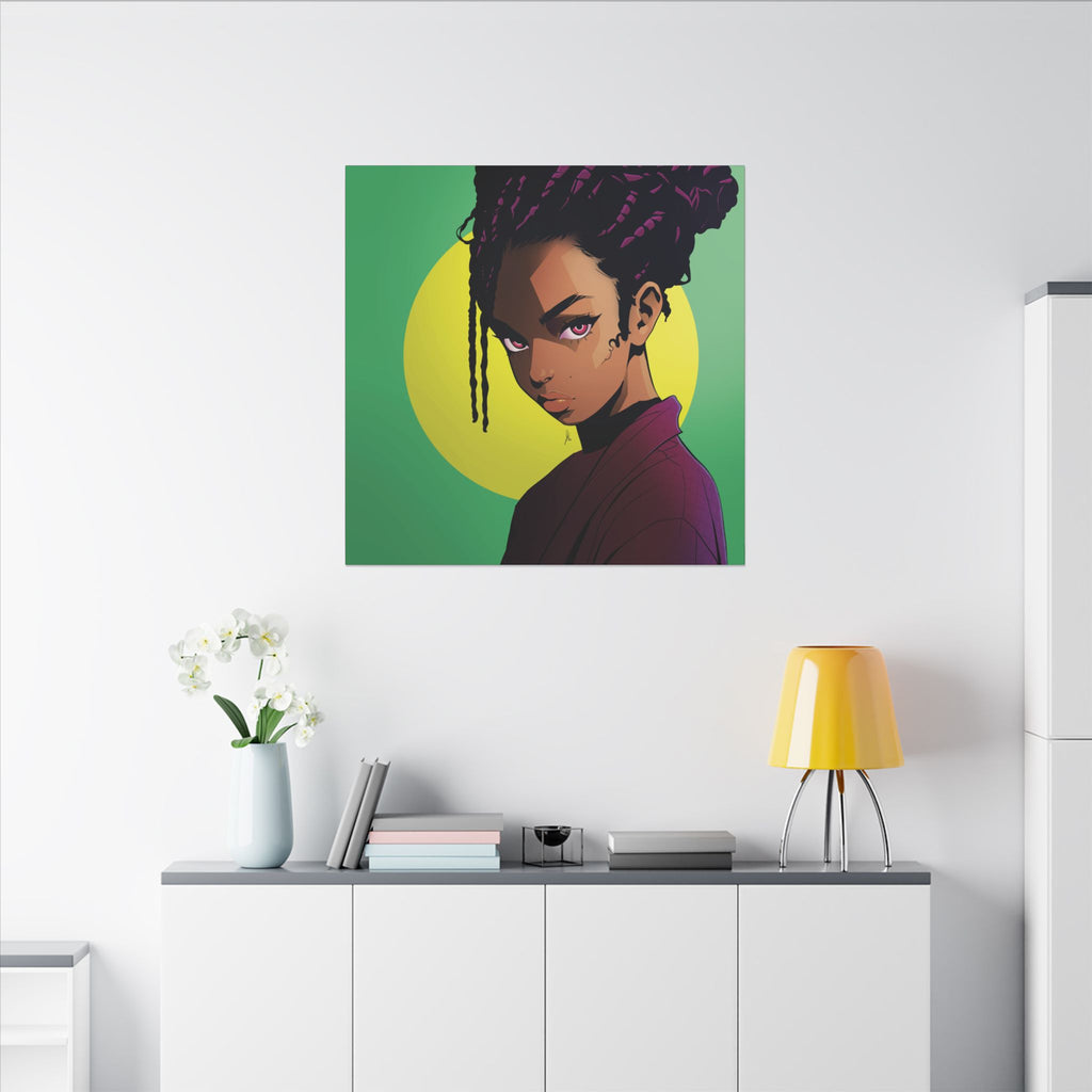 Afro Punk Girl Matte Canvas Print — Bold Green Pop-Art Wall Art
