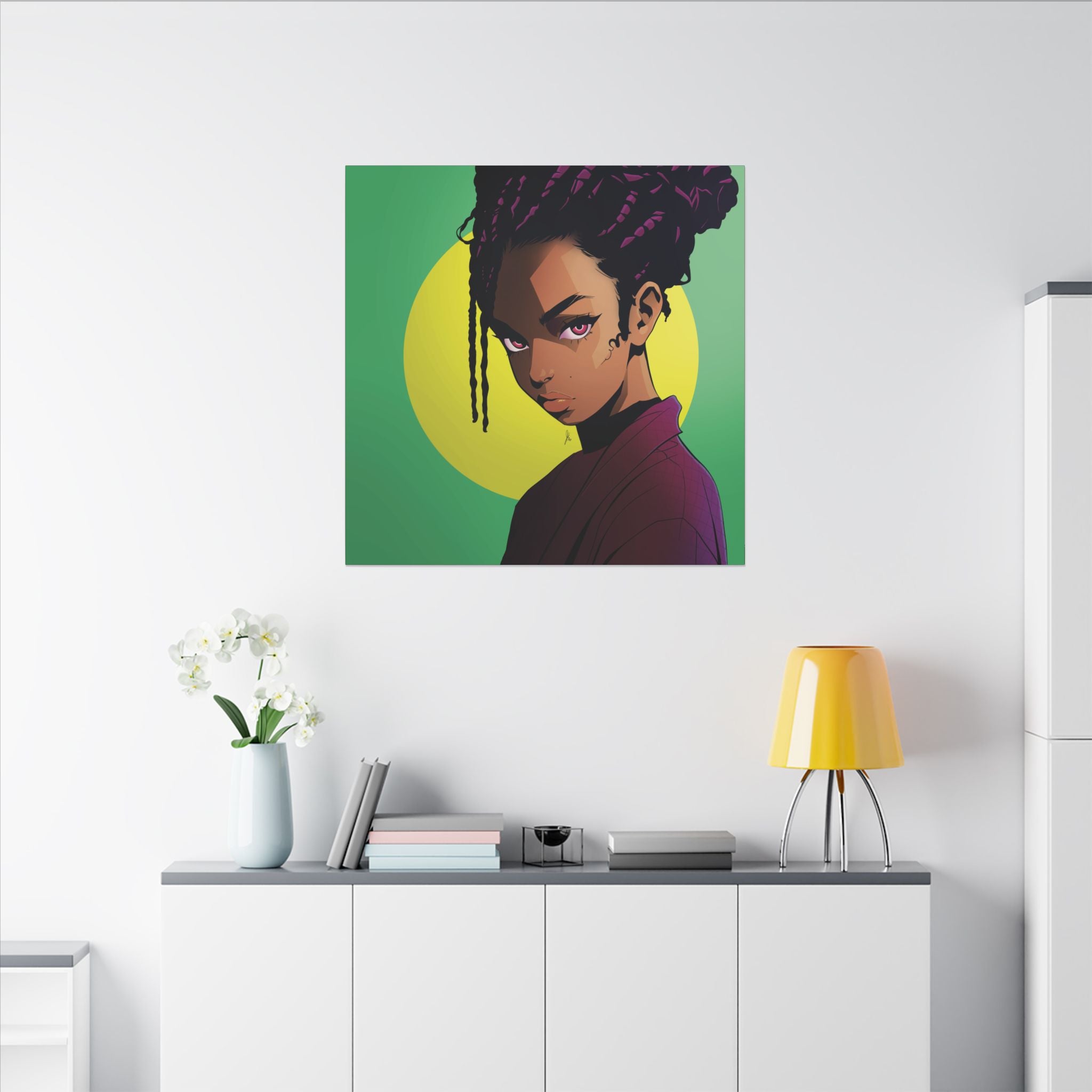 Afro Punk Girl Matte Canvas Print — Bold Green Pop-Art Wall Art