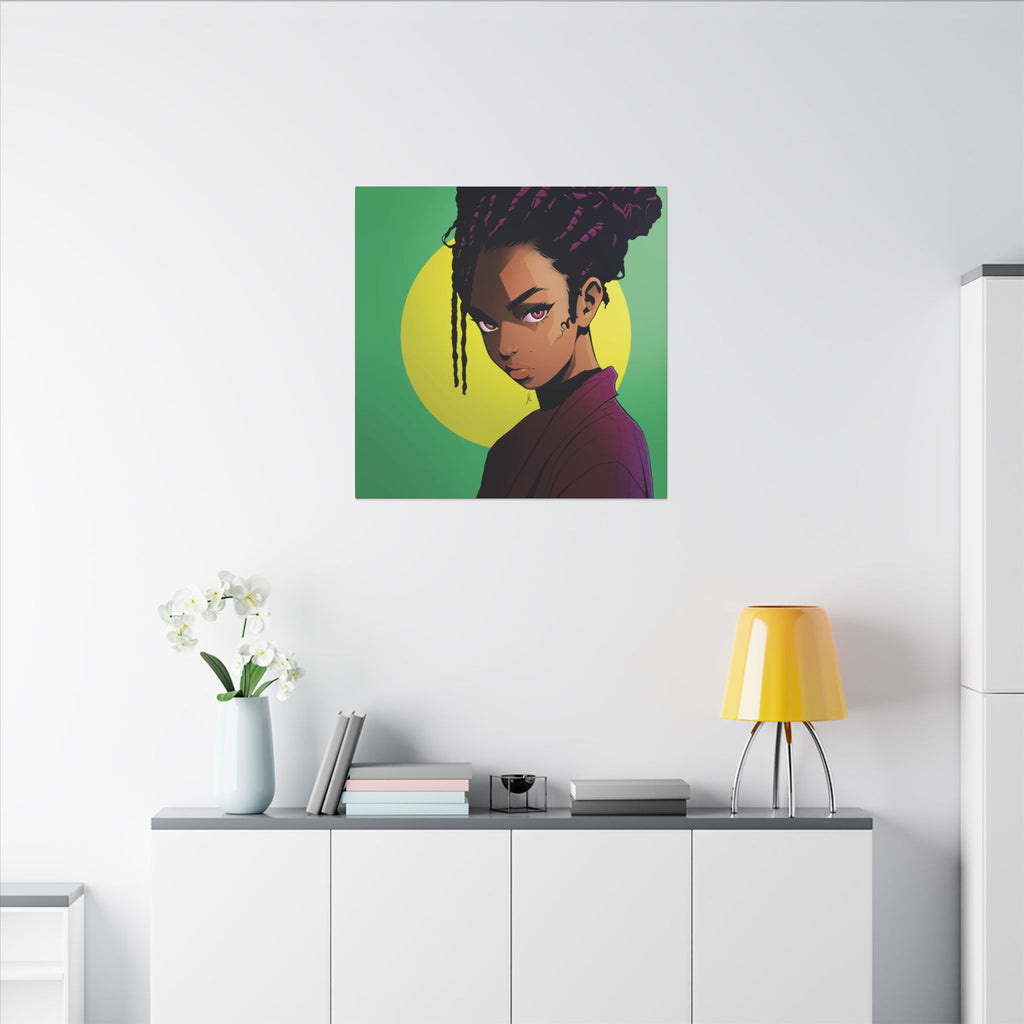Afro Punk Girl Matte Canvas Print — Bold Green Pop-Art Wall Art