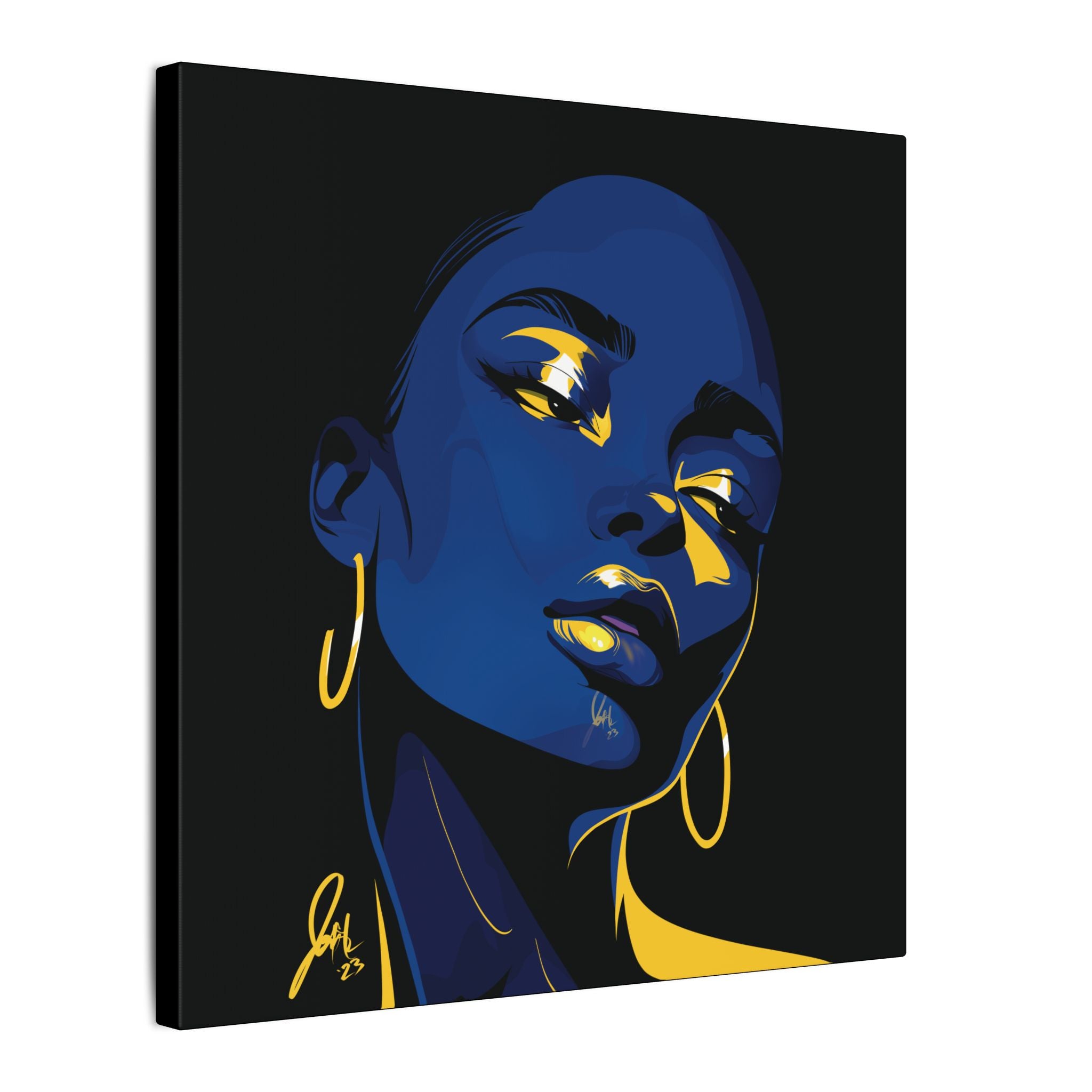 Blue Noir Portrait Canvas – Bold Afrocentric Wall Art, Matte Stretched Canvas